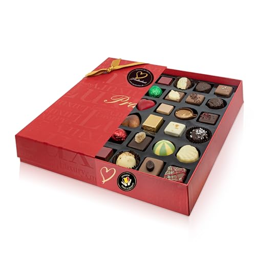 ePralinchen caja de lujo roja con bombones de lujo belgas hechos a mano | caja con 600g de bombones de café, frambuesa, naranja, caramelo salado y más (Caja de Lujo, sin alcohol)