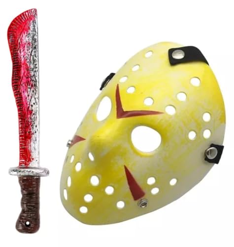Boolavard Cosplay Machete Costume Halloween Horror Movie Hockey Mask for Adult Scary Halloween Party (Yellow)