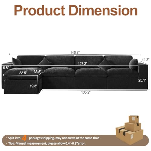 Image of 146''Cloud Boneless Sectional Couch, Modular Sectional Sofa Deep Seat with Ottoman, Oversized Upholstered Convertible Comfy 5 Seater Chenille Sofa L Shape Couches for Living Room, Dark