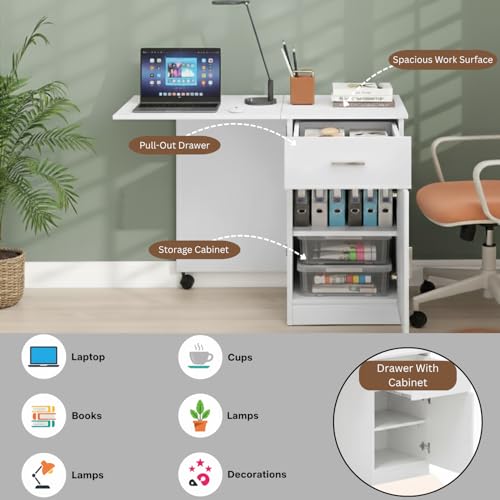 Image of TEKAVO Clipper Foldable Table I Computer Table for Home Pc I Office Table for Home Office I Storage and Folding Office Desk, Space Saving I Drawer & Door I White Wood (104 Cm x 50 Cm x 75 Cm) - DIY
