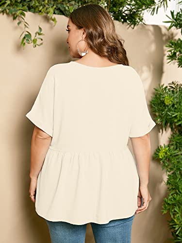 Auslook Plus Size Womens Summer Tops Ivory 4X Tunic Short Sleeve Blouses V Neck Clothing Pleated Tee Ladies Clothes Flowy Dressy Casual Loose Fit Outfits Maternity T Shirts Wear With Leggings #TOP4