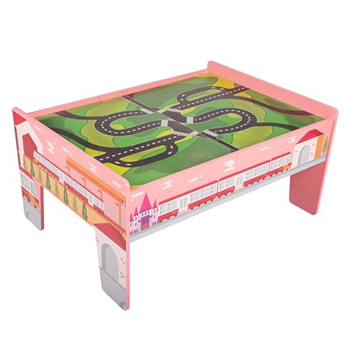 Wooden Train Set with Train Table - 75PC Play Set with Tracks, Vehicles, Buildings, Illustrated Play Surface, and Activity Table by Hey Play (Pink) by HEY! PLAY! - Image 9