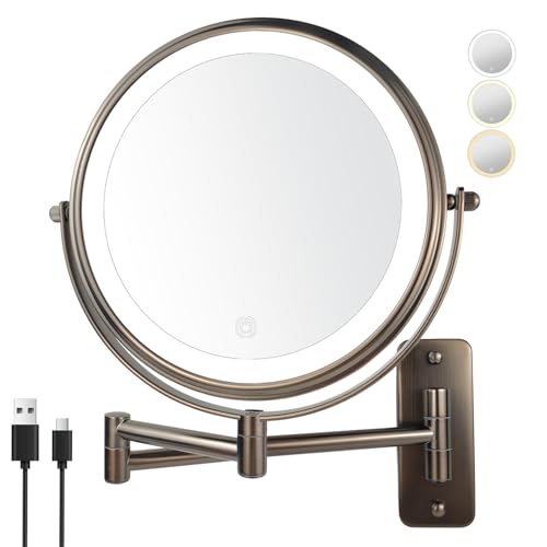 JANEEVA 8 inch Wall Mounted Lighted Makeup Mirror, Rechargeable Double Sided 1X/10X Magnifying Mirror with 3 Color Lights, Touch Dimming Vanity Mirror for Bathroom,Oil Rubbed Bronze