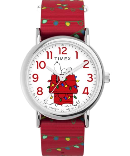 Timex Peanuts - Reloj para Mujer de 38 mm, Correa Deslizante en Tela roja, Esfera Blanca, Caja en Tono Plateado TW2W80800
