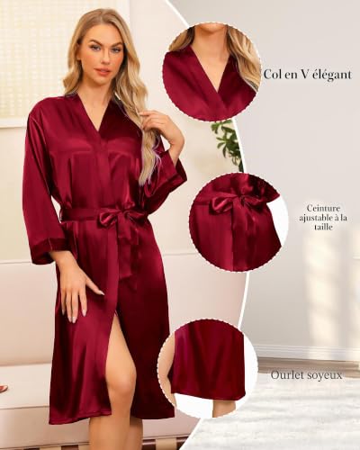 Sopesil Peignoir Satin Femme Robes Longues pour Femmes Robes de Mariée Vêtements de Nuit Doux pour le Mariage,Col en V,M,Rouge Brique – vue 3
