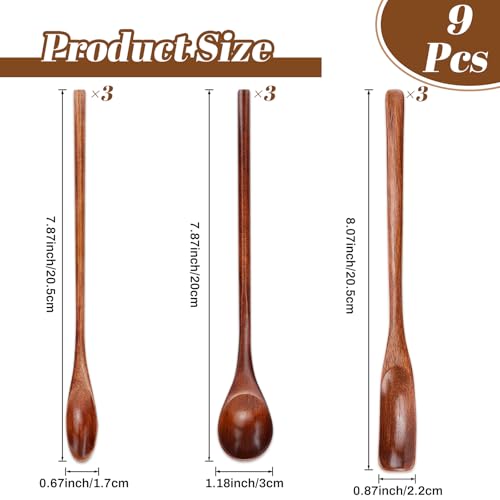 Cucharas de madera para café y miel con mango largo, juego de 9 piezas para mezclar 3