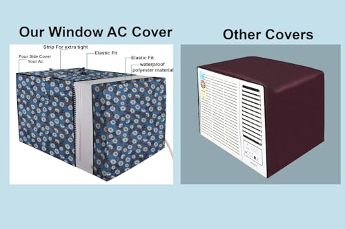 Image of The Furnishing Tree Elastic fit waterproof Polyester window ac cover suitable for Croma 1.5 Ton, Dustproof cover for inner and outer section, In CM: (55.88x71.12x45.72), Floral Pattern Blueish Grey