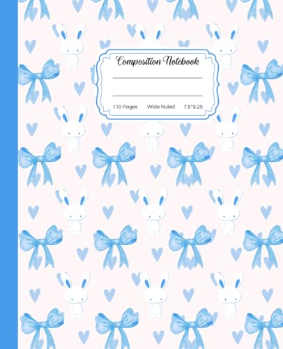 Super Cute Preppy Aesthetic Composition Notebook Pastel Blue & White Coquette Bows & Cute Rabbit: Wide Ruled Journal for All Ages for Girls, Kids, Teens, Y2K Cool Girly School Supply . image 2