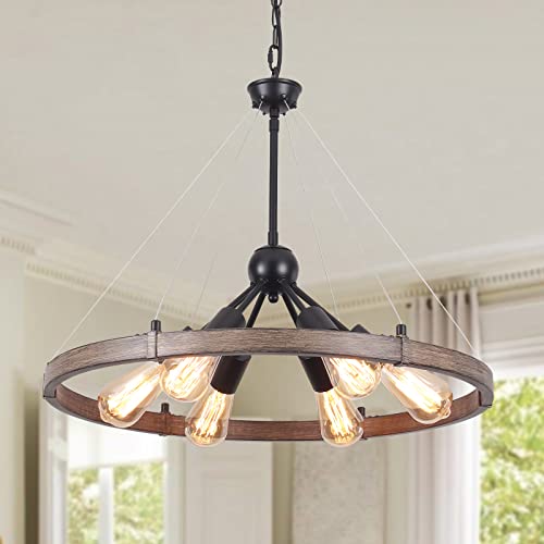 Wtyuio 6 Lights Farmhouse Round Wagon Wheel Chandeliers For Dining Room Diam 23.62'', Rustic Metal Hanging Pendant Light Fixture For Living Room Entryway Kitchen Island, Vintage Wood Grain Finishe #TOP13
