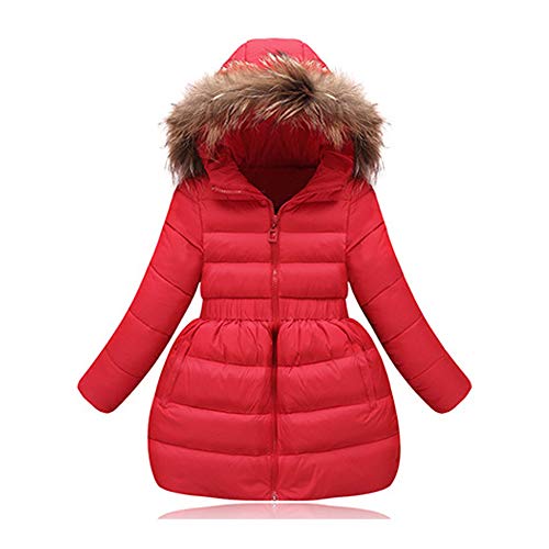 Chaquetón de invierno de niña para la nieve a media pierna de color rosa con pelos en el borde del gorro rojo Talla 140 cm-(9-10 Años)