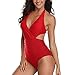 Produktbild Misolin Damen Badeanzug Neckholder V-Ausschnitt Rückenfrei Einteiliger Bademode Bauchweg Cutouts Strandbikini, Rot, M (EU 36-38)