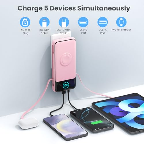 Image of Portable Charger for iPhone with Built-in Cables and AC Wall Plug,26800mah Fast Charging USB C Power Bank,25W PD Travel Essential Battery Pack for iPhone 17 /16 /15 /14 /13,Galaxy,Apple Watch (Pink)