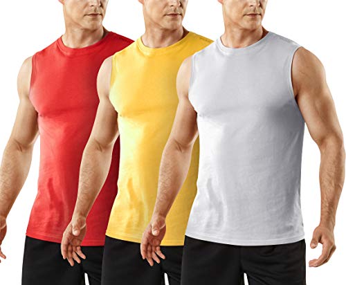 TSLA Men's Sleeveless Running Tank Top, Performance Athletic Muscle Shirts, Dry Fit Workout Gym Tank Tops, Dyna Cotton 3pack Red/White/Yellow, X-Large