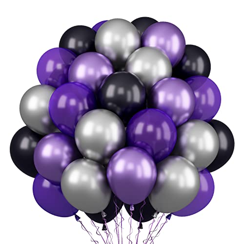 Lila und schwarze Luftballons, 30 Stück 12 Zoll Metallic Lila Luftballons, Metallic Silber Retro Lila Luftballons, Lila Schwarz Luftballons für Geburtstagsfeier Dekorationen, Verlobung Babyparty Cover