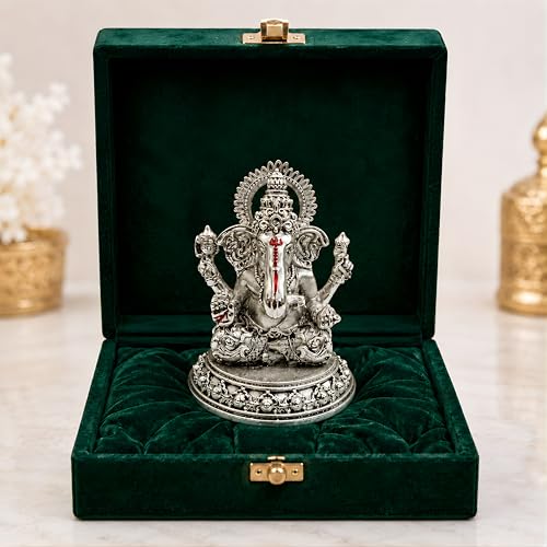 Image of Silver Plated Four-Armed Ganesh Idol - 3.5 Inch Divine Seated Ganpati Statue with Detailed Halo for Car Dashboard, Pooja Room and Mandir - Auspicious Vastu Home Decor and Spiritual Gift