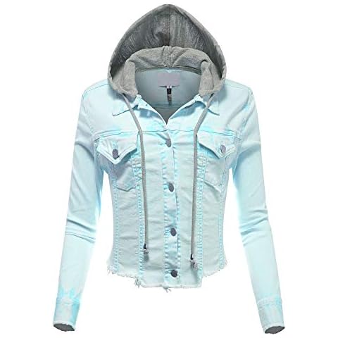 FashionMille Women Acid Washed Distress Crop Ripped Raw Cut Denim Jean Jacket with Hoodie-FWJ1211-ACID BLUE-S Cover