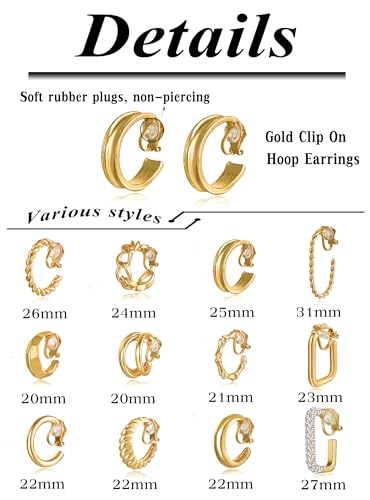 Tornito 12 Pairs Clip on Hoop Earrings for Women Geometric Round Twist Chunky Hoop Earrings No Piercing Fake Earrings Gold Silver Tone2