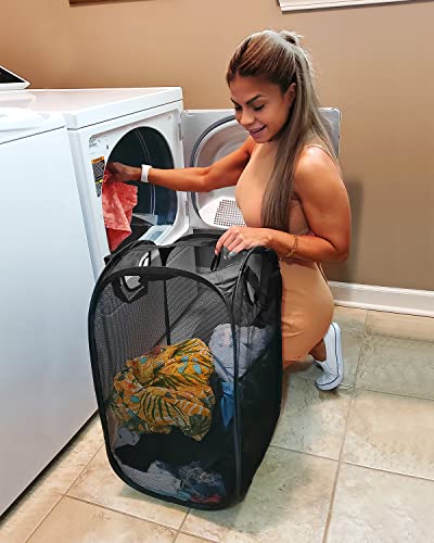 Image of HOUSE AGAIN 2 Pack Strong Mesh Pop Up Laundry Hamper, 70L Collapsible Laundry Basket with Steel Frame, Double‑Stitched Handles & Side Pocket, Foldable Dirty Clothes Hamper for Dorm, Bedroom, Black