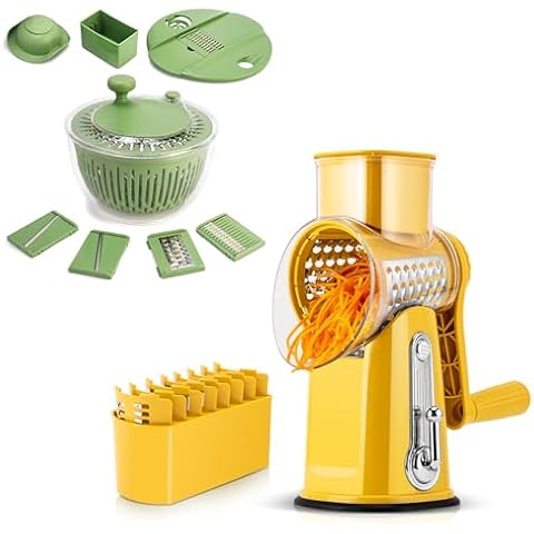 SUSTEAS Rotary Cheese Grater with Handle (Yellow) and SUSTEAS Salad Spinner Large, Vegetables Wash Bowl Cover