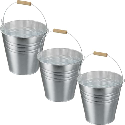 4 Gallon Galvanized Ice Bucket - Large Rustproof Metal Bucket Drink Tub with Wood Handles - 13" Beverage Bucket for Party BBQ Wedding Home Decor & Storage - 13"L x 13"W x 12"H - 3 Pack