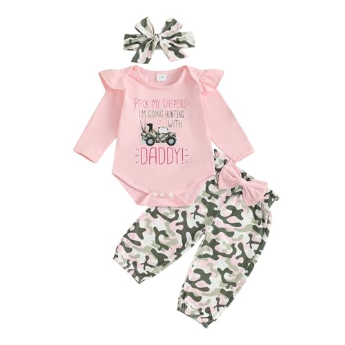 Fall Outfit Newborn Baby Girl Clothes Ruffle Long Sleeve Romper Camouflage Pants Headband Hunting Clothes