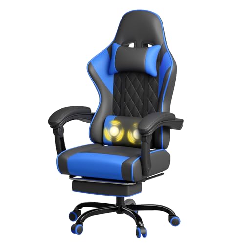 JUMMICO Chaise Gaming Ergonomique, Chaise de Bureau avec Fonction Massage, Fauteuil Gaming avec Repose-Pieds, 150 kg, Bleu