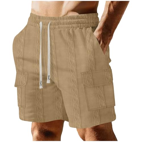 Image of Men's Cargo Shorts Casual Elastic Waist Drawstring Textured Lightweight Summer Comfy Beach Shorts Multi Pockets