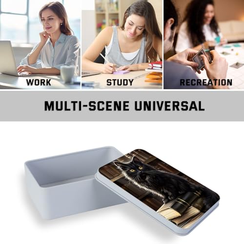 Image of Metal Tin Box with Lid,Multi-functional Storage Large Box Can Store Tea Biscuits Game Cards, Playing & Tarot Cards-Comes with 4 Magnetic Cord Clips,Black Cat on Books