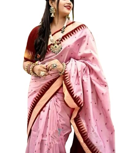 Jolly Women`s Sambalpuri Embroidery Satin Silk Saree Bomkai Border Traditional Design with Blouse Piece -Peach