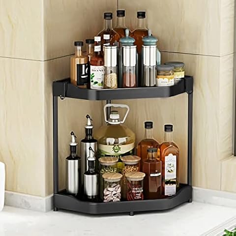 Lekesky Spice Rack, 2-Tier Kitchen Countertop Standing Storage Shelf, Desktop Organiser, Stainless Steel & Plastic Corner Storage Shelves 28 * 28 * 38cm, for Kitchen, Dining Room, Office, Black Cover