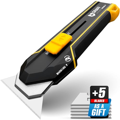 Scraper Utility Knife 4-in-1 Heavy Duty Retractable Box Cutter Folding Knife & Scraper Knife SK5 Carbon Steel Trapezoidal Blades Carpet & Drywall Cutter with 5 Extra Blades GRAFF