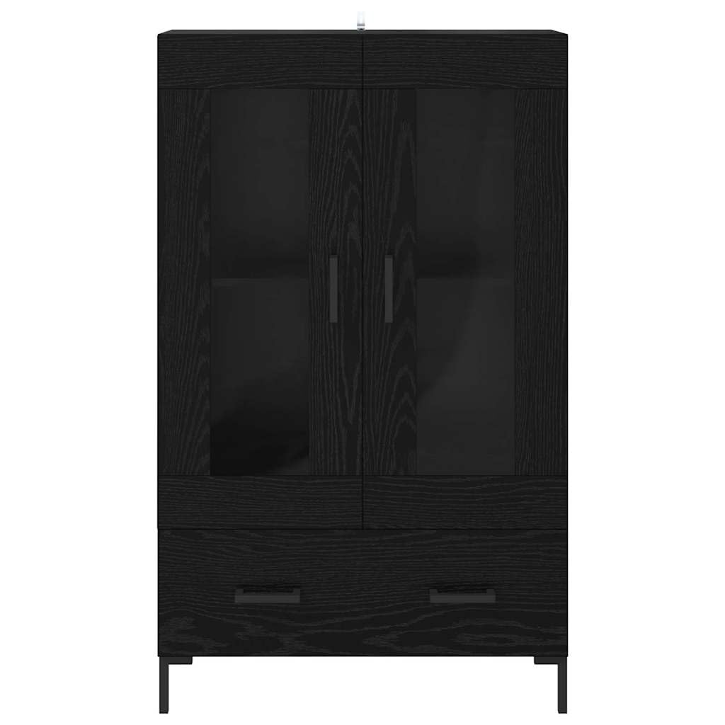 Meuble haut noir aspect chêne en bois 69,5 x 31 x 115 cm avec tiroir, portes, pieds en métal pour salon, salle à manger, bureau, rangement moderne et espace de rangement