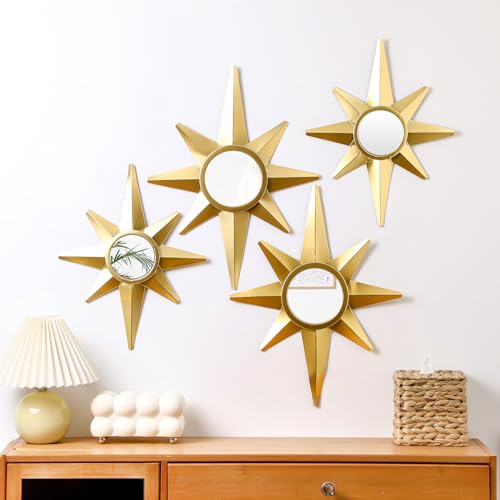 Blulu 4 Pcs Metal Starburst Wall Mirrors Decor 8 Pointed