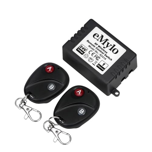 eMylo - Interruptor de relé RF inalámbrico, CC 24 V, 1 canal, 433 MHz, con 2 transmisores, mando a distancia por radiofrecuencia eMylo - Interruptor de relé RF inalámbrico, CC 24 V, 1 canal, 433 MHz, con 2 transmisores, mando a distancia por radiofrecuencia