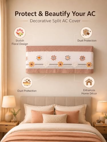 Image of Premium Cotton Net Split AC Cover for 1.5 Ton Indoor Unit | Designer Summer AC Dust Protection Cover | Stylish Protective AC Cover | 38 x 15.35 x 7.8 In | Brown Flower