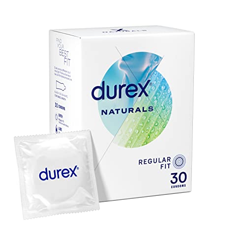 Durex Naturals, Regular Fit, 30 Condoms, Thin, Natural Rubber Latex, With Water Based Lube, Gentle Formula