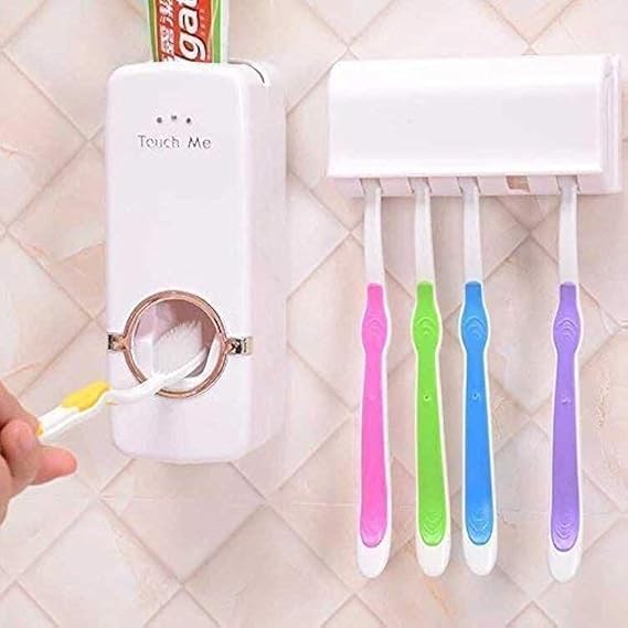 MAKE A WISH Hands Free Wall Mounted Plastic Dust Proof Automatic Toothpaste Dispenser and Detachable Hole 5 Toothbrush Holder, White-image-7