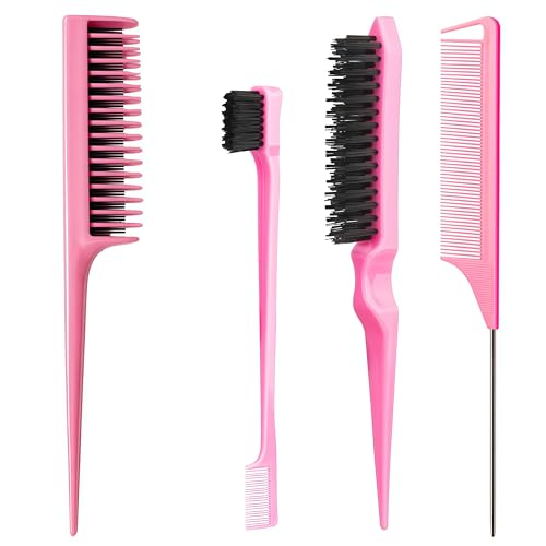 Aigee Hair Brush Set Pink 4 Piece Three-Row Teasing Comb Edge Brush Rat Tail Comb for Women and Girls Styling