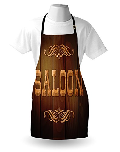 Lunarable Western Apron, Wooden Sign Saloon And Curly Ornaments On A Wood Wall Classic American Bar Print, Unisex Kitchen Bib With Adjustable Neck For Cooking Gardening, Adult Size, Caramel Brown #TOP2