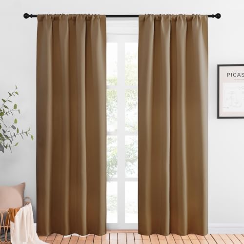 NICETOWN Blackout Curtains for Living Curtains, Gold Brown, 1 Pair, 34-inch W x 84-inch L, Home Decorations Thermal Insulated Solid Pole Top Blackout Drapes for Living Room