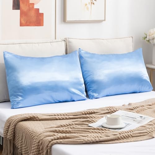 Satin Pillowcases Standard Set of 2 - Silk Soft Pillow Cases for Hair and Skin 20x26 inches,Blue Satin Pillow Covers 2 Pack with Envelope Closure for Home,School, Hotel
