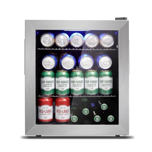Mini Fridge Cooler - Small Beverage Refrigerator Stainless Steel Glass Door for Soda Beer Wine–Countertop Drink Cooler for Home, Dorm, Office or Bar