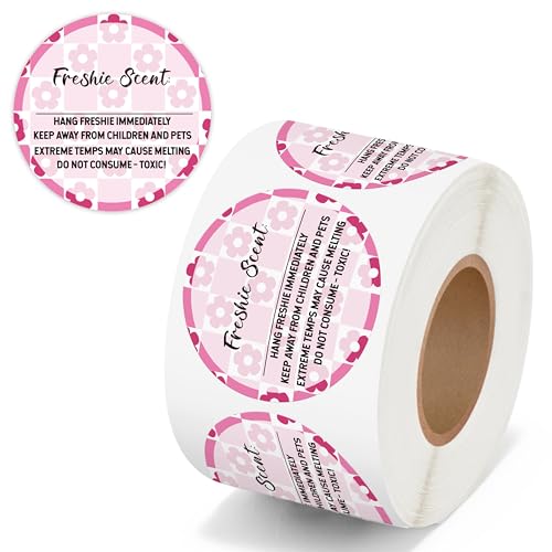 PANTIDE Freshiess Scent Care Instruction Stickers - 500 Count Car Freshie Warning Round Labels, Adhesive Roll Stickers with Line to Write Thermal Printed for Small Business (2 x 2 Inch, Pink Flower)