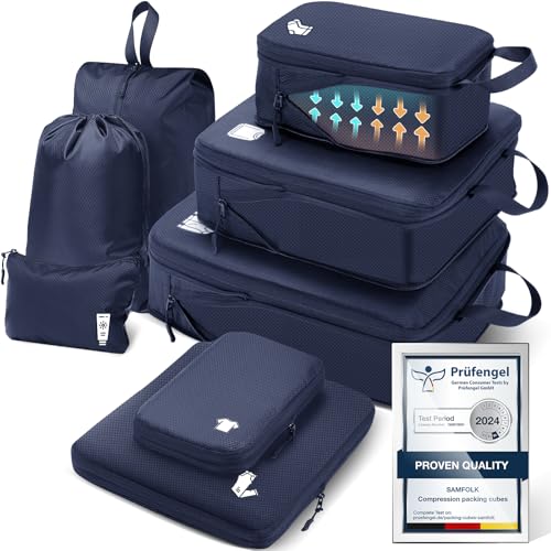 Juego de 8 cubos impermeables de embalaje de compresión, organizadores esenciales de viaje para equipaje de mano, Azul