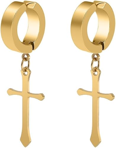 Clip-on Earrings Stainless Steel Gold Plated Cross Huggie Hoop Clip-on, Non-Pierced