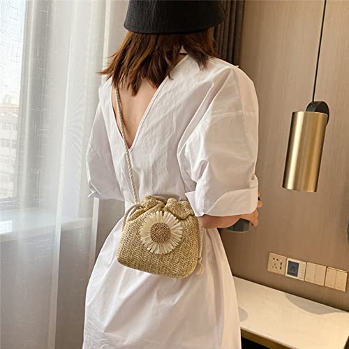 Fashion Drawstring Straw Bag Crossbody Handbag Shoulder Bag Flower Straw Bucket Bag for Photo4