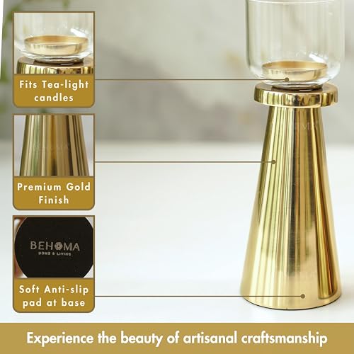 Image of Behoma Handcrafted Gold Tea Light Candle Holders Pack of 5 Sets | Premium Metal & Glass Candle Stand Set | Decorative Table Centerpiece for Home Decor, Diwali, Wedding & Housewarming