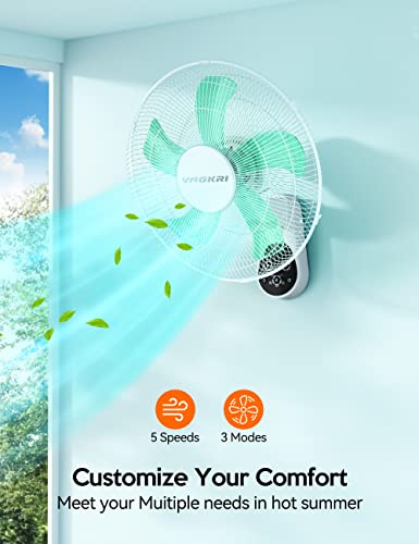 Vagkri Wall Mount Fan, 16 Inch Wall Fan With 5 Blades, 5 Speeds, 8 Hour Timer, 90° Oscillating Quiet Fan With Remote For Home Office Bedroom Living Room Garage #TOP1