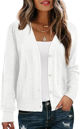 Dokotoo Cashmere Sweater Cardigans for Women Long Sleeve Light Weight 2025 V-Neck Basic Open Front Cardigan Button Down Twist Cable Knit Shrugs Sweaters,White Large