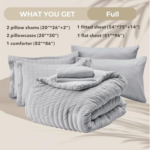 Image of HYMOKEGE Light Grey Full Size Comforter Sets Seersucker 7 Pieces, All Season Luxury Bed in a Bag for Bedroom, Bedding Set with Comforters, Sheets, Pillowcases & Shams